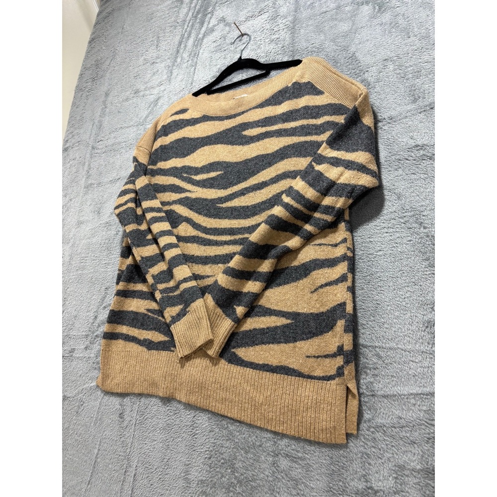 LOFT Womens S Tan Gray Tiger Stripe Boatneck Sweater Casual Cozy Animal Print - Picture 3 of 11